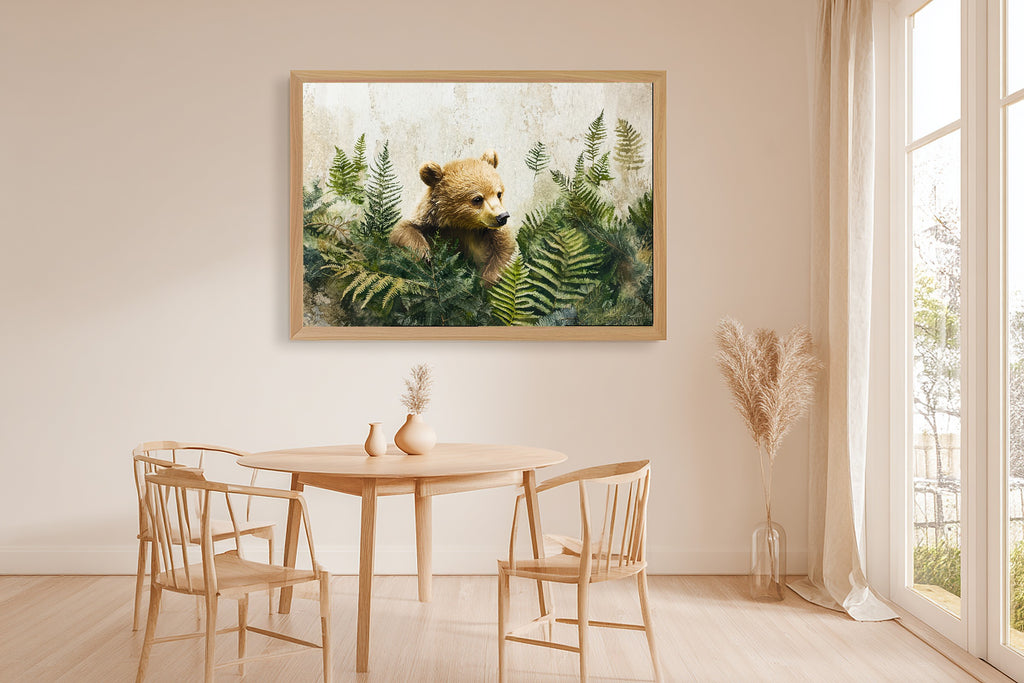 Nursery Woodland Bear Pine Grove Museum-Quality Canvas, Soft Pastel Storybook Art Print, Nursery Inspiration, Baby Shower Gift — nursery-woodland-bear-pine-grove-dining-room-wall-art.jpg