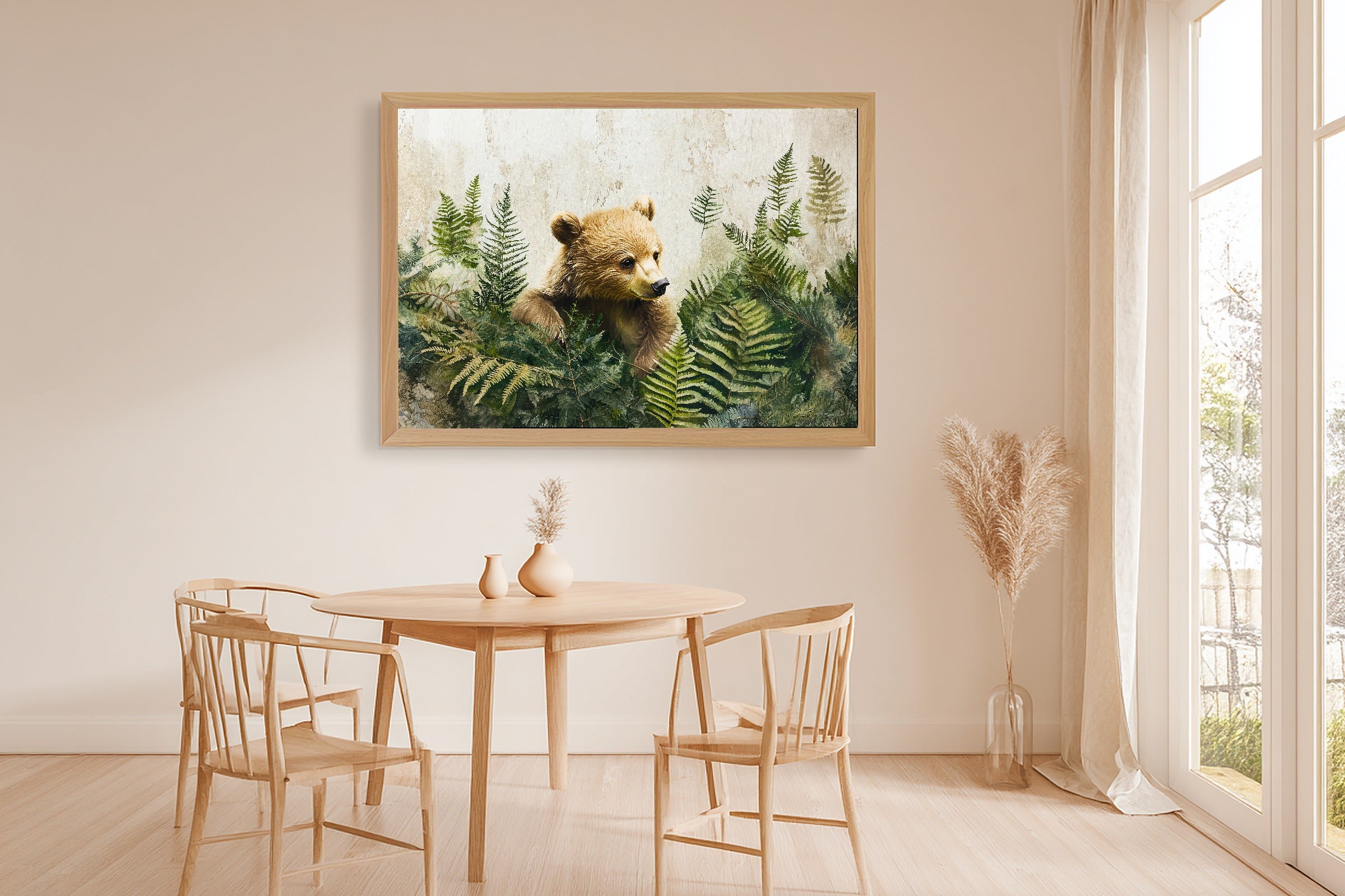 Nursery Woodland Bear Pine Grove Museum-Quality Canvas, Soft Pastel Storybook Art Print, Nursery Inspiration, Baby Shower Gift — nursery-woodland-bear-pine-grove-dining-room-wall-art.jpg