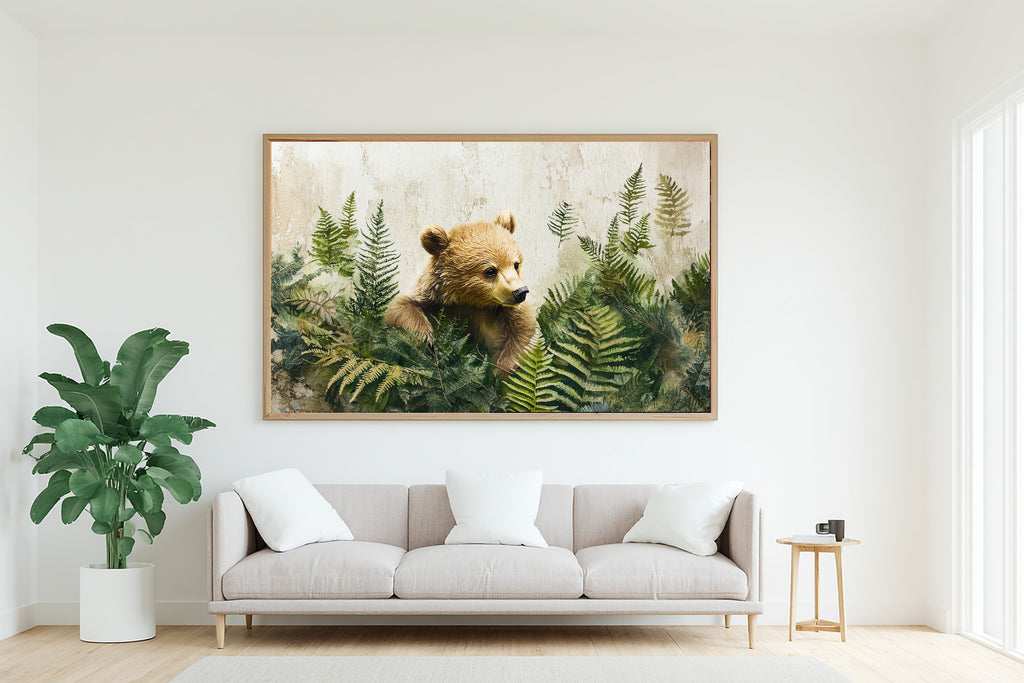 Nursery Woodland Bear Pine Grove Museum-Quality Canvas, Soft Pastel Storybook Art Print, Nursery Inspiration, Baby Shower Gift — nursery-woodland-bear-pine-grove-living-room-wall-art.jpg