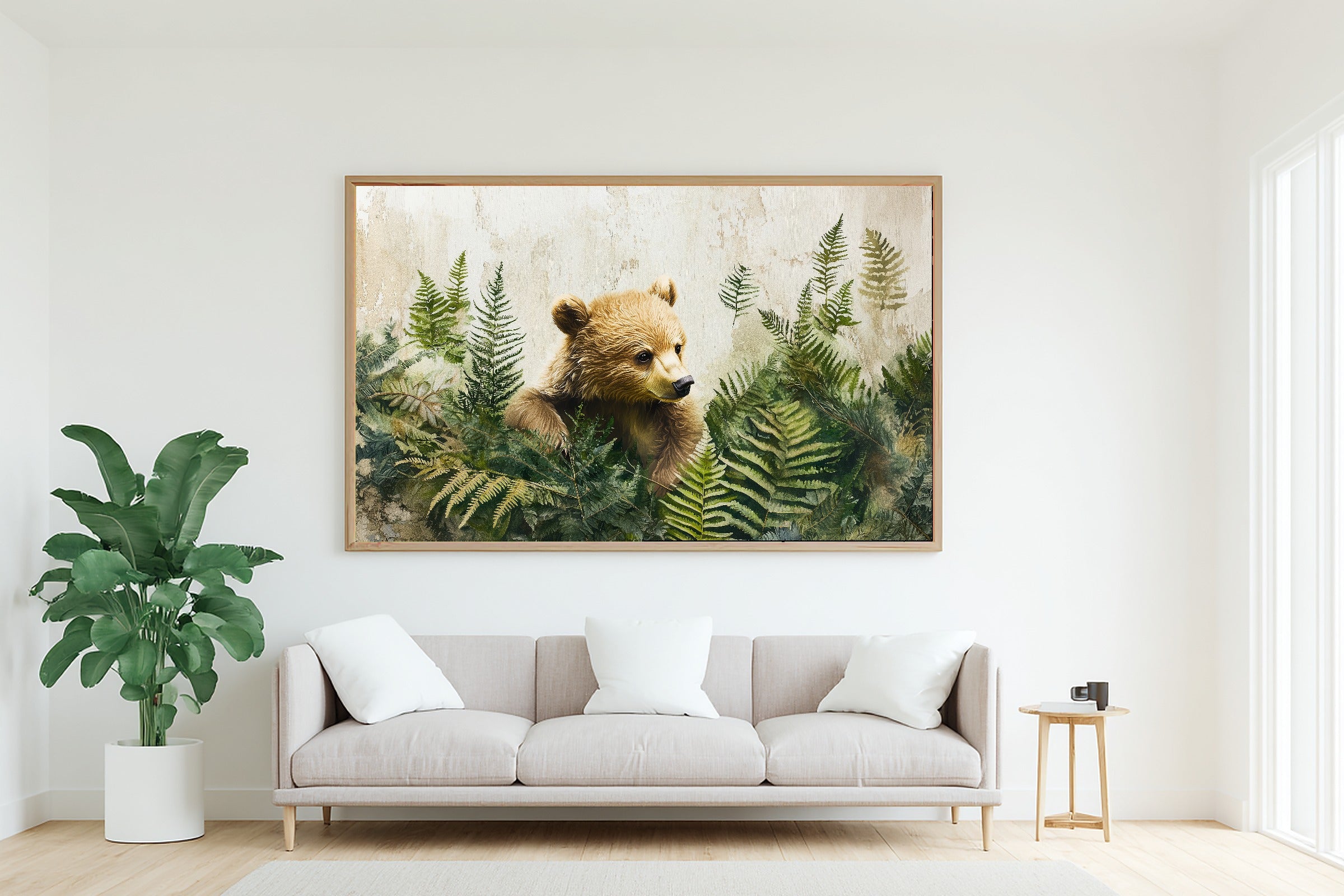 Nursery Woodland Bear Pine Grove Museum-Quality Canvas, Soft Pastel Storybook Art Print, Nursery Inspiration, Baby Shower Gift — nursery-woodland-bear-pine-grove-living-room-wall-art.jpg