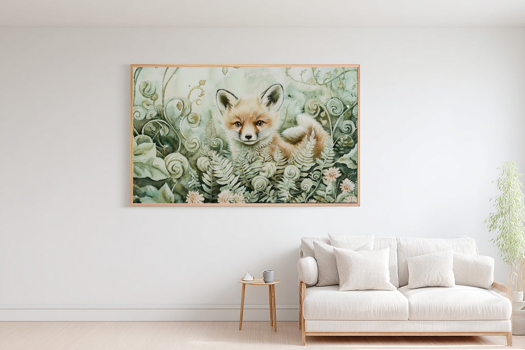 Nursery Woodland Fox Fiddlehead Meadow Canvas Wall Art, Gentle Baby Animal Print Art Print, Kids Bedroom Gallery Wall — nursery-woodland-fox-fiddlehead-meadow-bedroom-wall-art.jpg