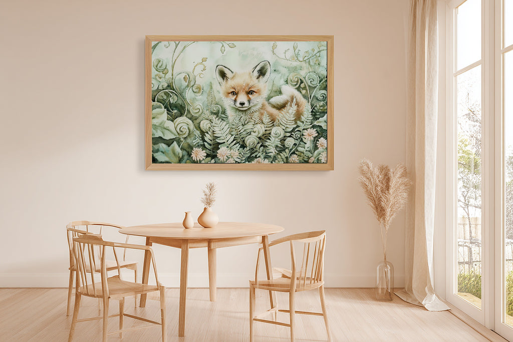 Nursery Woodland Fox Fiddlehead Meadow Canvas Wall Art, Gentle Baby Animal Print Art Print, Kids Bedroom Gallery Wall — nursery-woodland-fox-fiddlehead-meadow-dining-room-wall-art.jpg