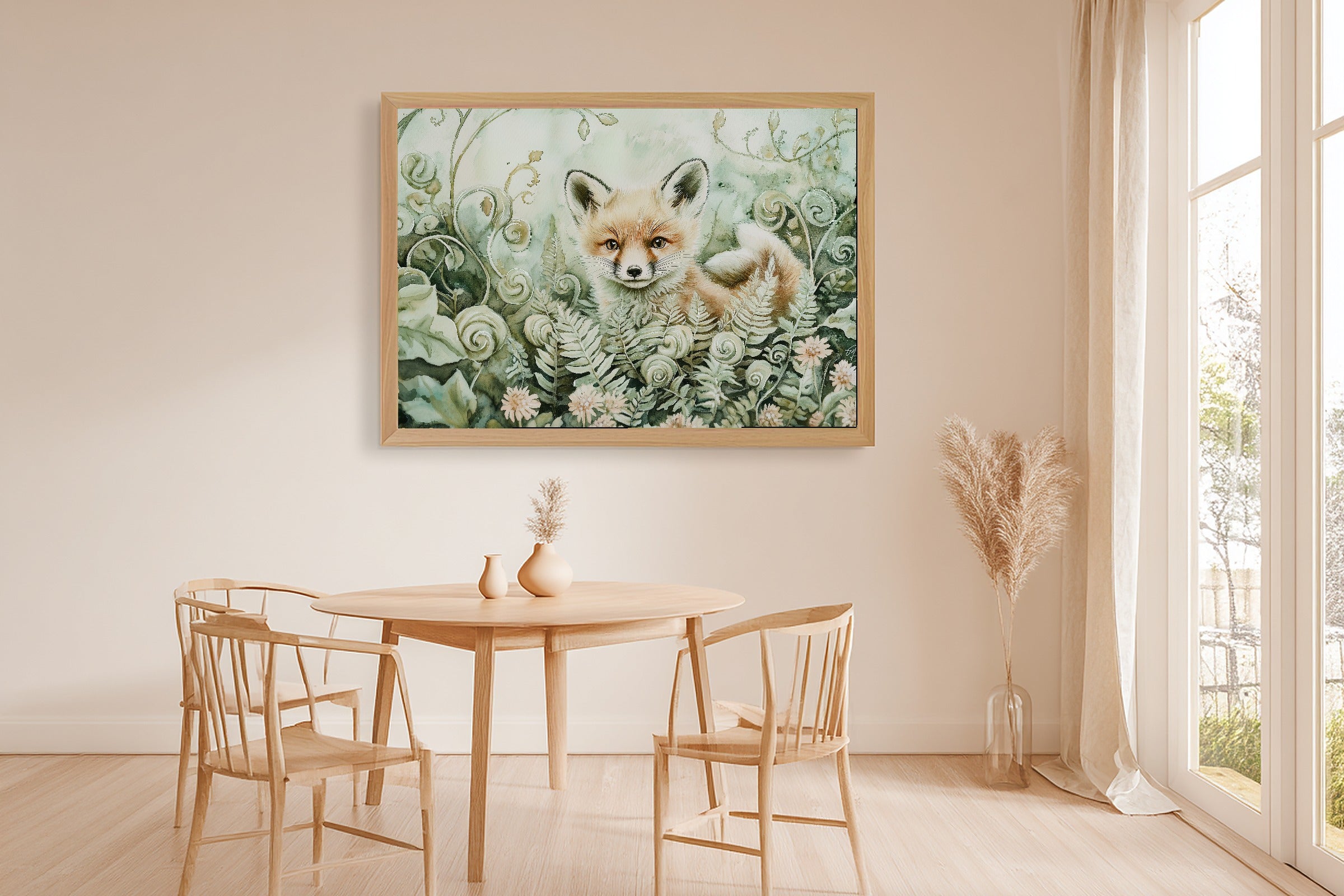 Nursery Woodland Fox Fiddlehead Meadow Canvas Wall Art, Gentle Baby Animal Print Art Print, Kids Bedroom Gallery Wall — nursery-woodland-fox-fiddlehead-meadow-dining-room-wall-art.jpg