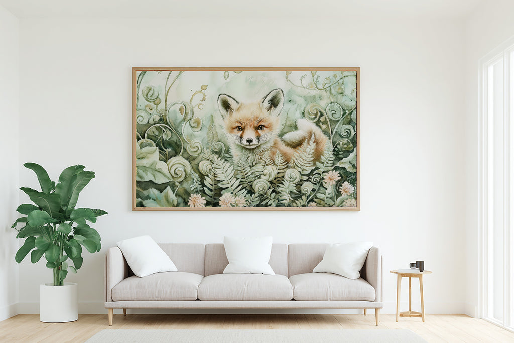 Nursery Woodland Fox Fiddlehead Meadow Canvas Wall Art, Gentle Baby Animal Print Art Print, Kids Bedroom Gallery Wall — nursery-woodland-fox-fiddlehead-meadow-living-room-wall-art.jpg