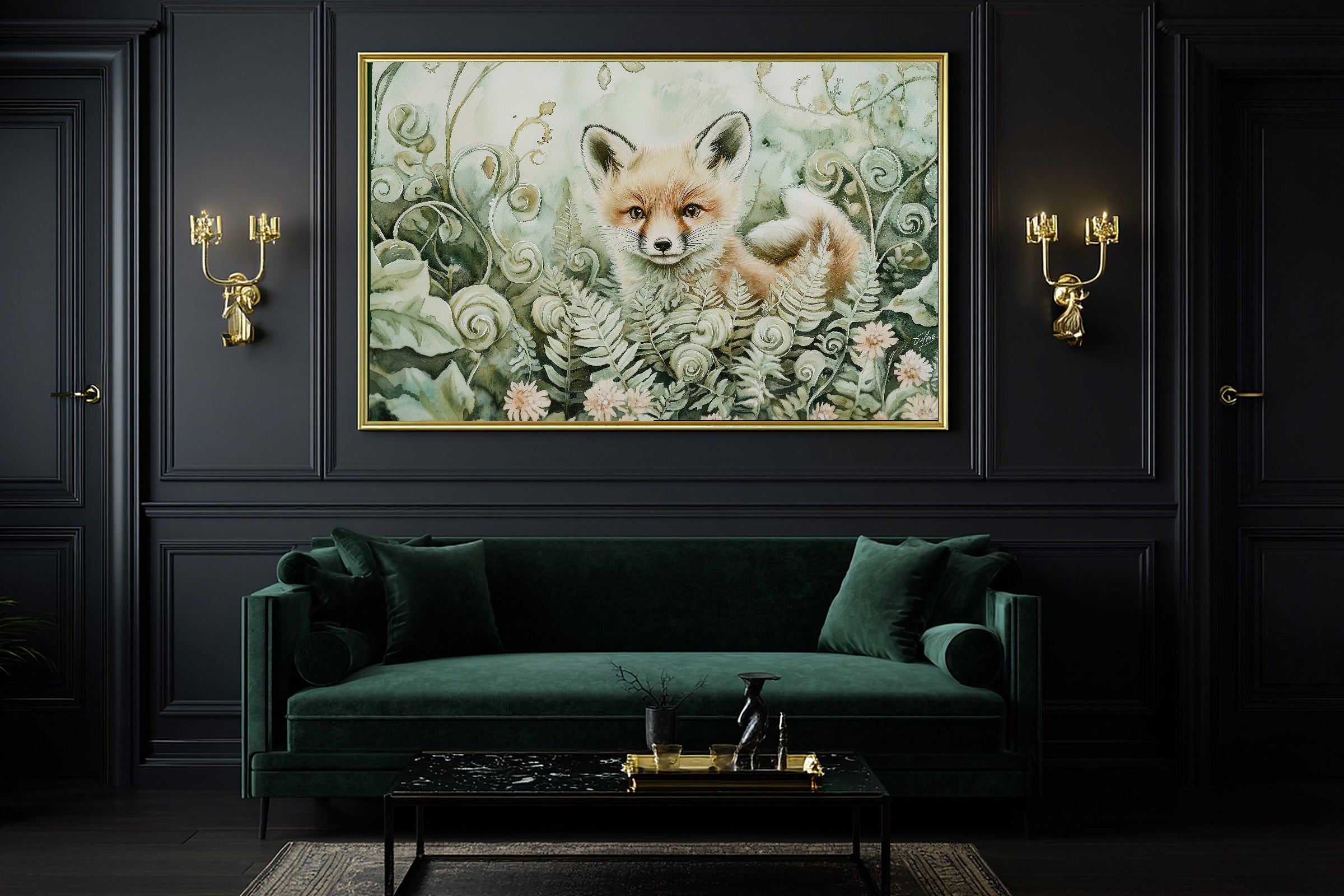 Nursery Woodland Fox Fiddlehead Meadow Canvas Wall Art, Gentle Baby Animal Print Art Print, Kids Bedroom Gallery Wall — nursery-woodland-fox-fiddlehead-meadow-office-wall-art.jpg
