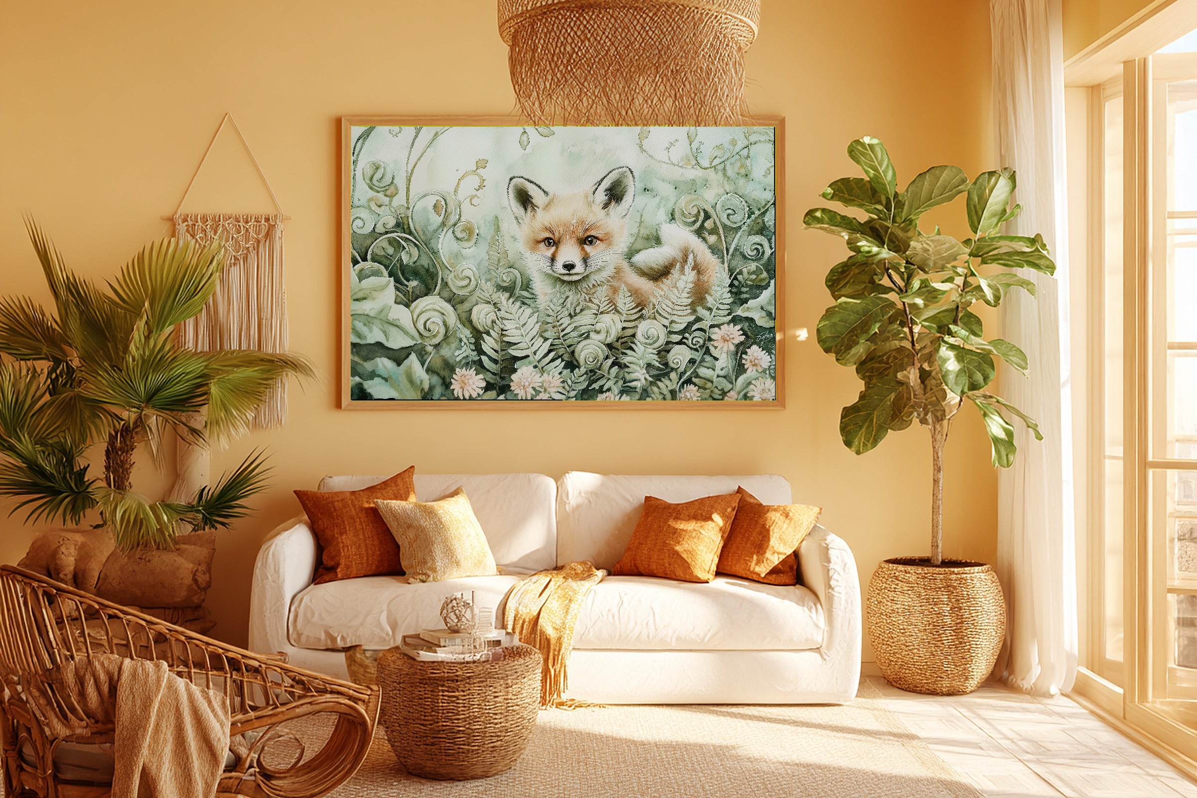 Nursery Woodland Fox Fiddlehead Meadow Canvas Wall Art, Gentle Baby Animal Print Art Print, Kids Bedroom Gallery Wall — nursery-woodland-fox-fiddlehead-meadow-room-5-wall-art.jpg