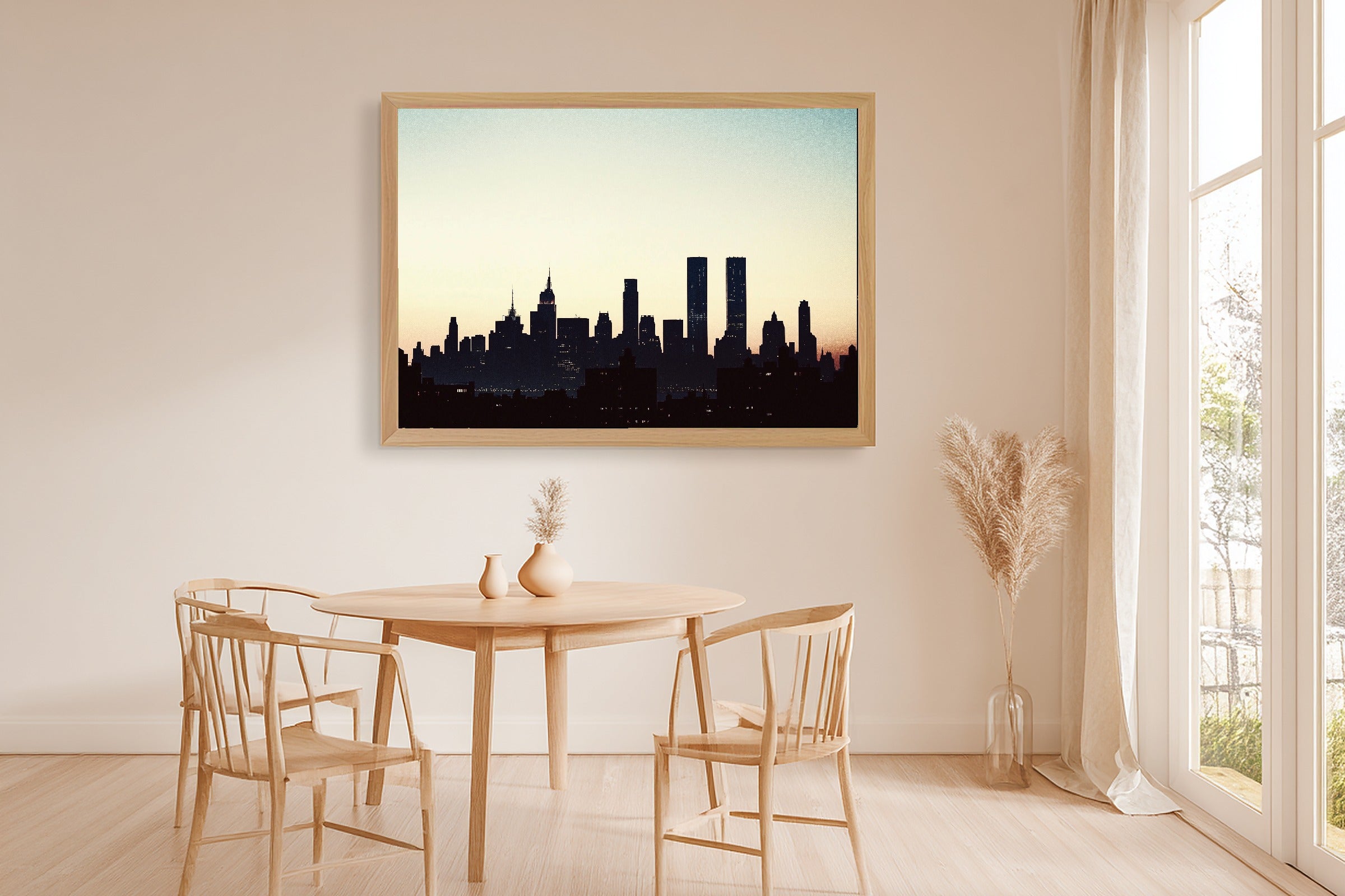 Golden-Hour Skyline Nyc Skyline Minimalist Navy Art Print — Soulful Decor for the Modern Loft, Stretched Canvas the City Wanderer Will Love — nyc-skyline-minimalist-navy-dining-room-wall-art.jpg