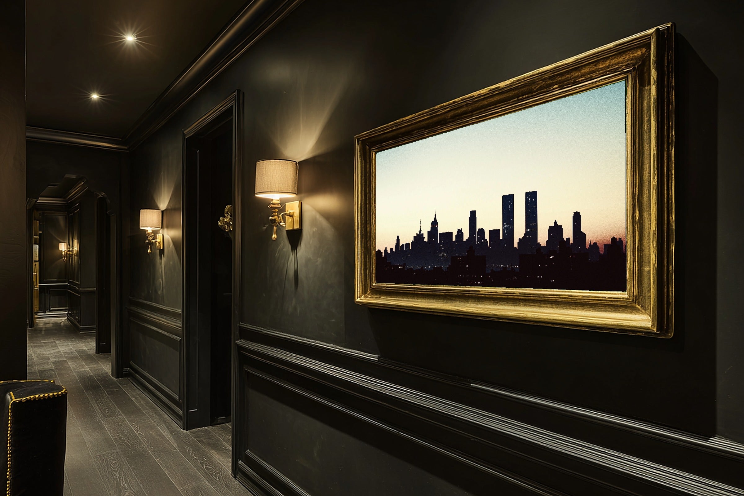 Golden-Hour Skyline Nyc Skyline Minimalist Navy Art Print — Soulful Decor for the Modern Loft, Stretched Canvas the City Wanderer Will Love — nyc-skyline-minimalist-navy-hallway-wall-art.jpg