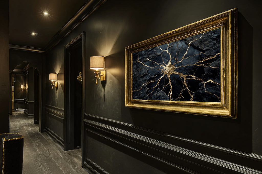 Hand-picked Obsidian Gold Shatter Giclée Print — Soulful Modern Collector for the Home Office, Ready-to-Hang Modern-Home Friend Gift — obsidian-gold-shatter-hallway-wall-art.jpg