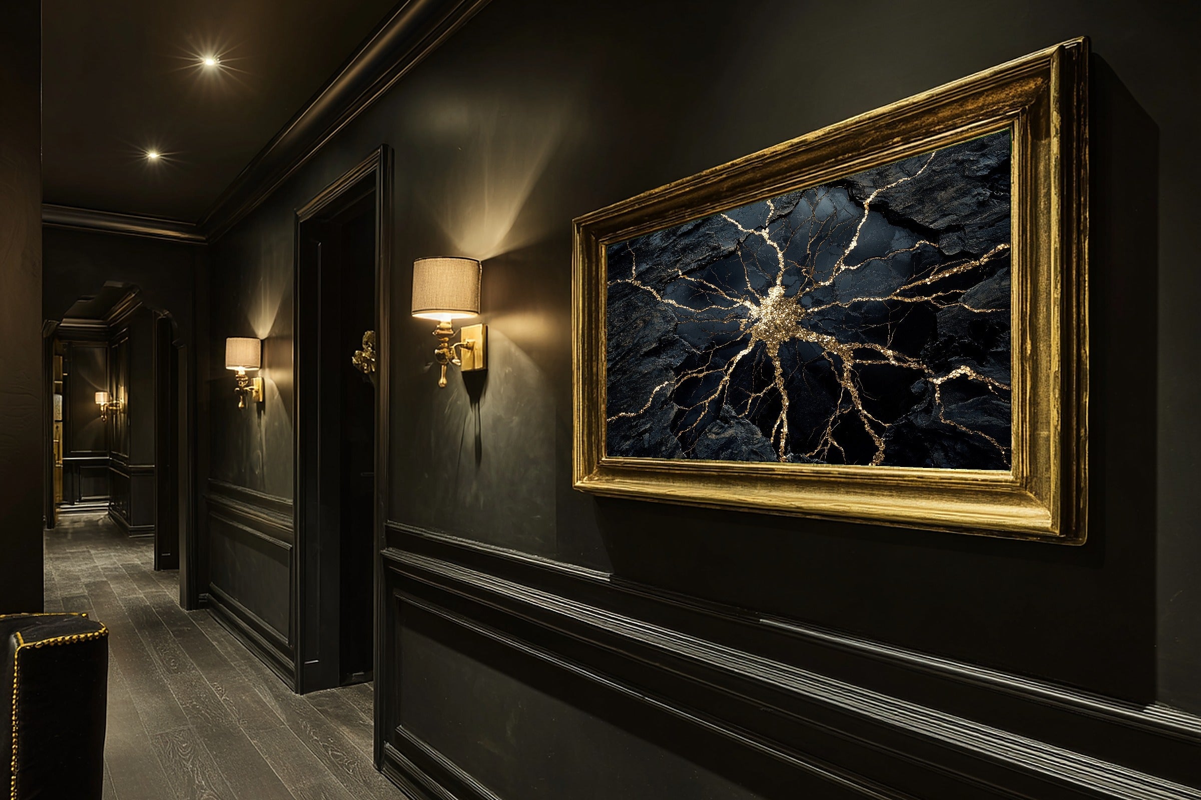 Hand-picked Obsidian Gold Shatter Giclée Print — Soulful Modern Collector for the Home Office, Ready-to-Hang Modern-Home Friend Gift — obsidian-gold-shatter-hallway-wall-art.jpg