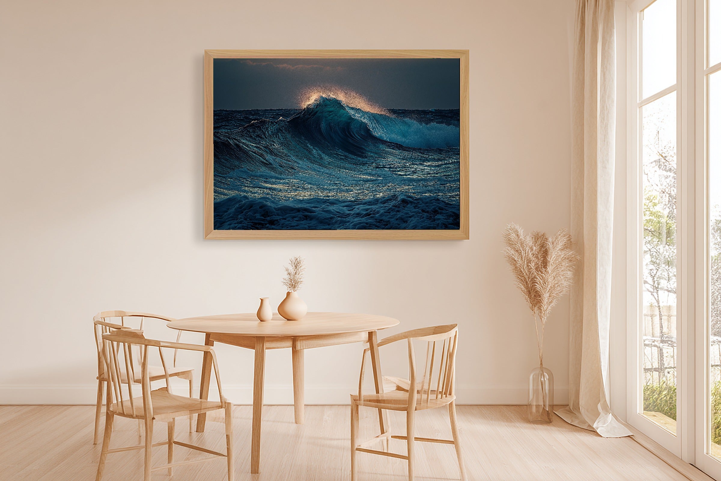 Ocean Waves Crash Moody Soft Paradise Wall Art — Moody Print for the Sunroom, Stretched Canvas Gift for the Island-Loving Friend — ocean-waves-crash-moody-dining-room-wall-art.jpg