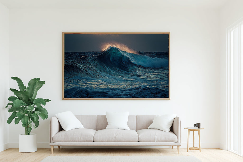 Ocean Waves Crash Moody Soft Paradise Wall Art — Moody Print for the Sunroom, Stretched Canvas Gift for the Island-Loving Friend — ocean-waves-crash-moody-living-room-wall-art.jpg