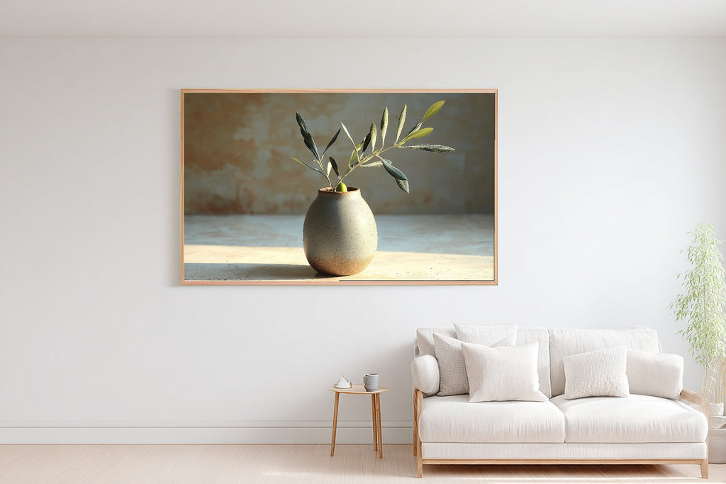 Olive Branch Stoneware Stretched Canvas Print, Warm Gallery Wall Art Canvas Art, Modern Home Office Art, Mother's Day Gift Idea — olive-branch-stoneware-bedroom-wall-art.jpg