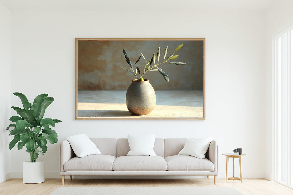 Olive Branch Stoneware Stretched Canvas Print, Warm Gallery Wall Art Canvas Art, Modern Home Office Art, Mother's Day Gift Idea — olive-branch-stoneware-living-room-wall-art.jpg