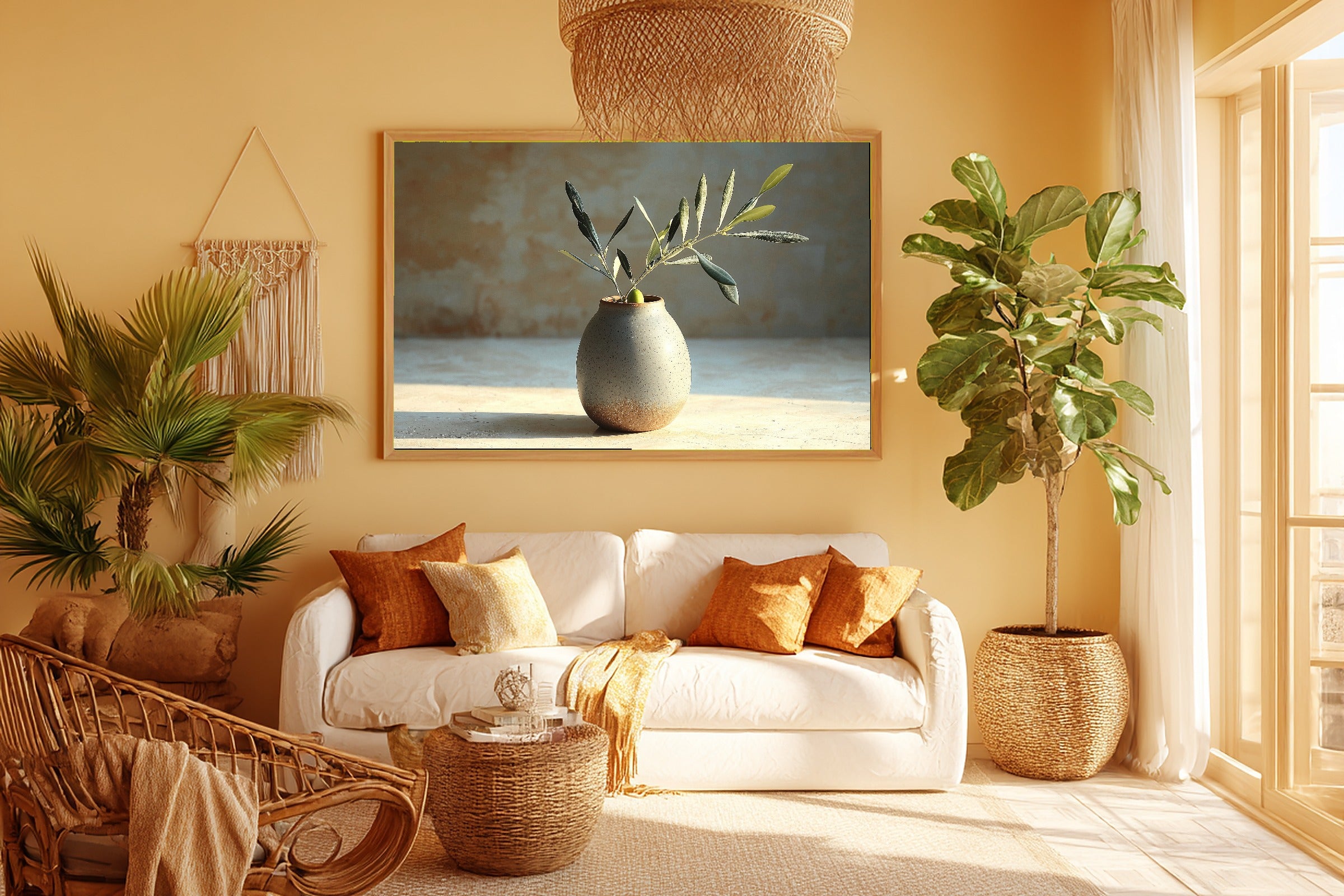 Olive Branch Stoneware Stretched Canvas Print, Warm Gallery Wall Art Canvas Art, Modern Home Office Art, Mother's Day Gift Idea — olive-branch-stoneware-room-5-wall-art.jpg