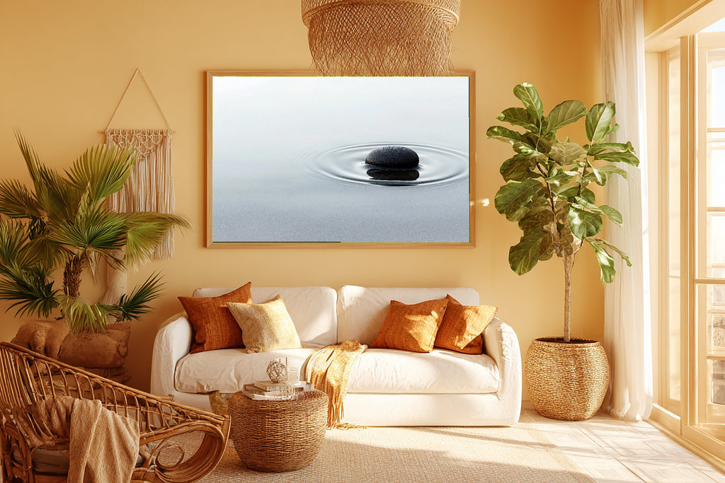 Onyx Pebble Still Water Giclée Canvas Print, Japandi Minimalist Print Gallery Print, Meditation Room Statement Piece, Gift for Creatives — onyx-pebble-still-water-room-5-wall-art.jpg
