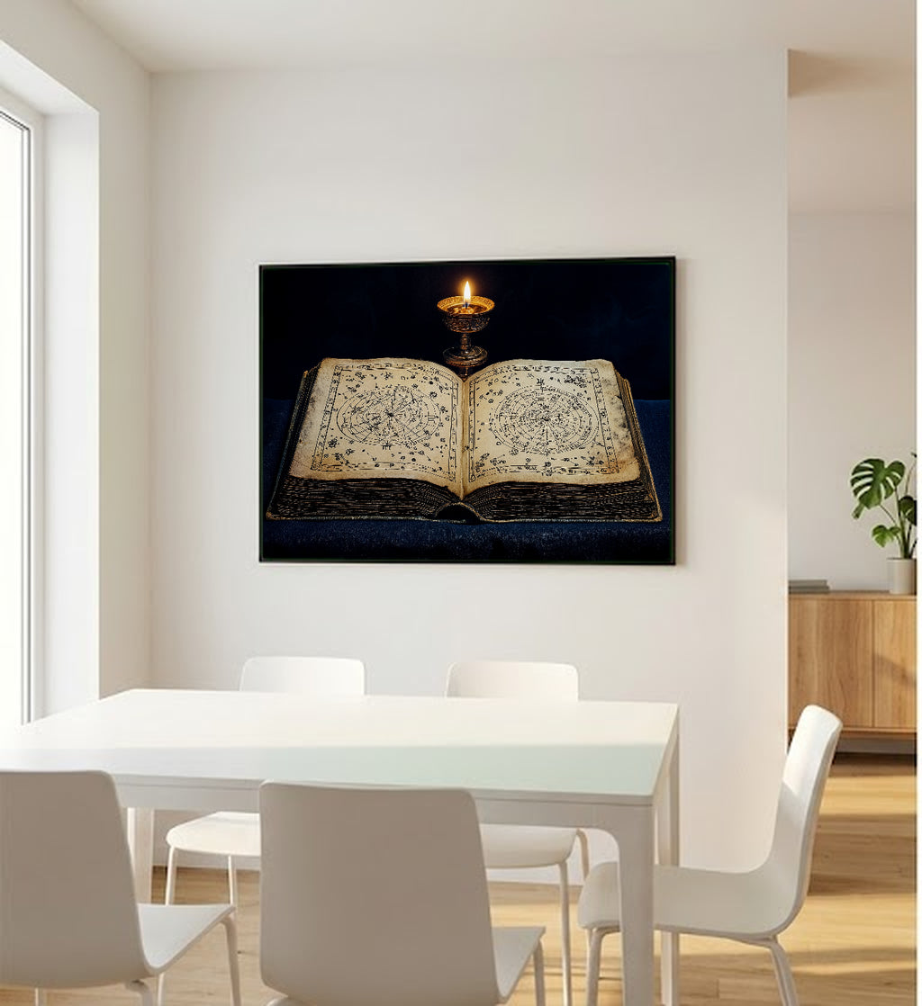Open Grimoire Canvas Wall Art | Hand-Drawn Astronomy Print, Dark Academia Witchy Decor, Stretched Canvas — open-grimoire-astronomy-bedroom-wall-art.jpg