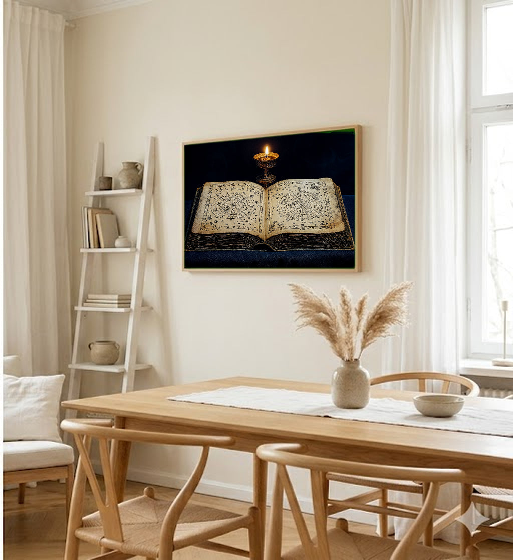 Open Grimoire Canvas Wall Art | Hand-Drawn Astronomy Print, Dark Academia Witchy Decor, Stretched Canvas — open-grimoire-astronomy-dining-room-wall-art.jpg