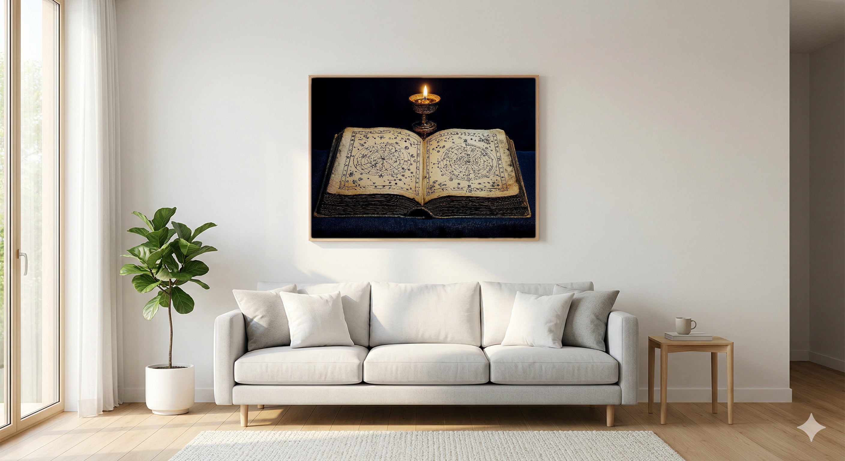 Open Grimoire Canvas Wall Art | Hand-Drawn Astronomy Print, Dark Academia Witchy Decor, Stretched Canvas — open-grimoire-astronomy-living-room-wall-art.jpg