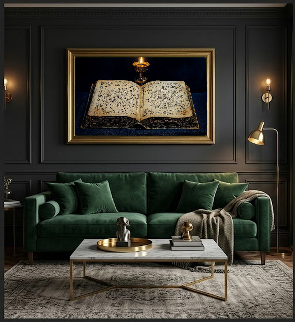 Open Grimoire Canvas Wall Art | Hand-Drawn Astronomy Print, Dark Academia Witchy Decor, Stretched Canvas — open-grimoire-astronomy-office-wall-art.jpg
