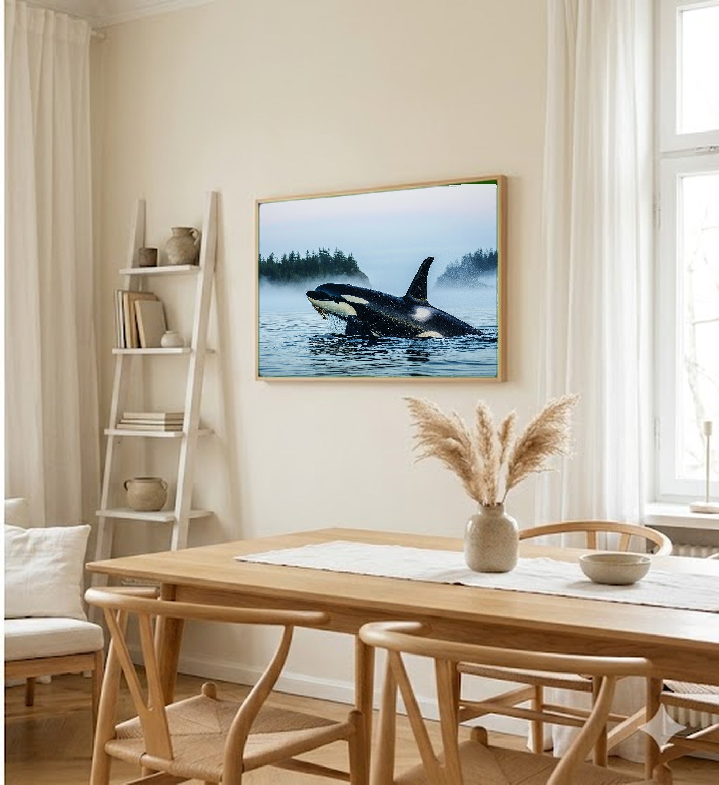 Orca Pod Canvas Wall Art | Puget Sound Fog Print, Pacific Northwest Decor, Stretched Canvas — orca-pod-puget-sound-dining-room-wall-art.jpg
