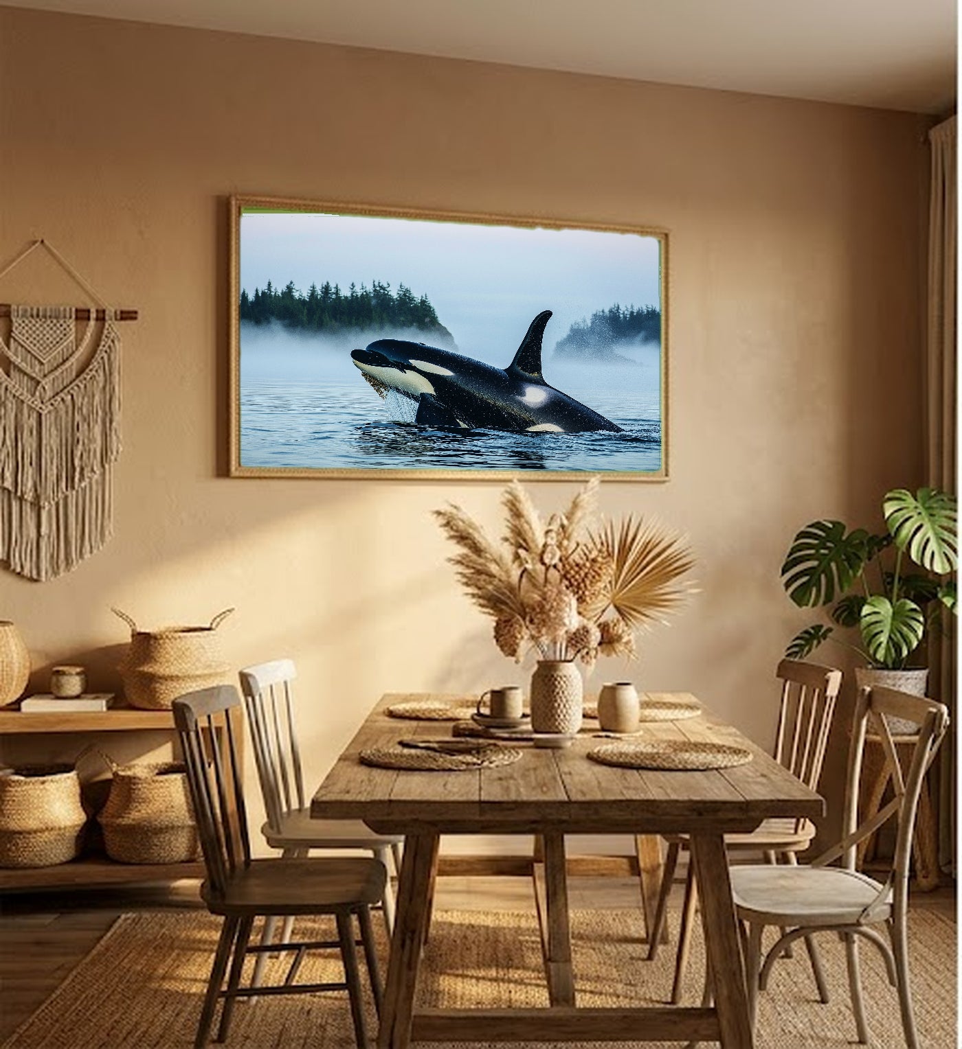 Orca Pod Canvas Wall Art | Puget Sound Fog Print, Pacific Northwest Decor, Stretched Canvas — orca-pod-puget-sound-hallway-wall-art.jpg