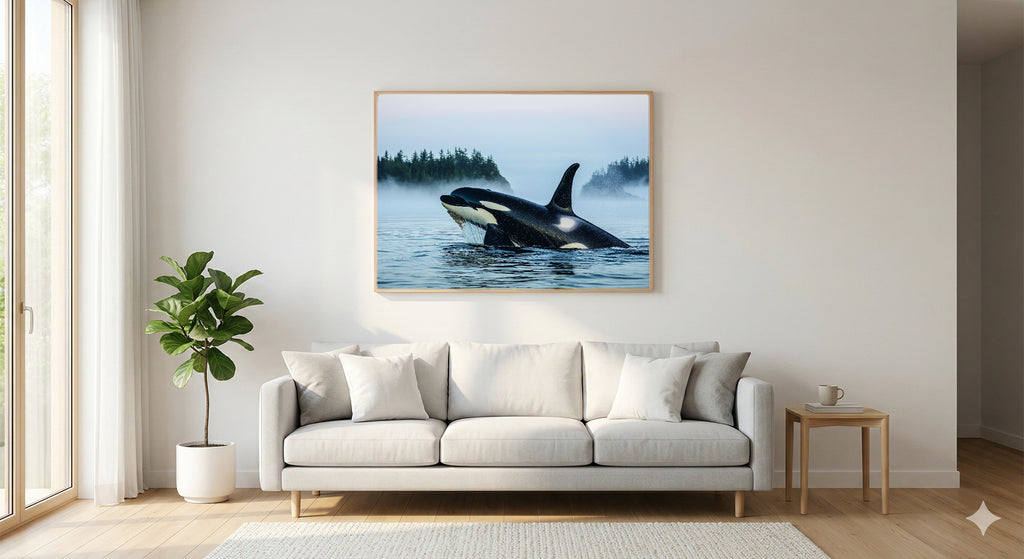 Orca Pod Canvas Wall Art | Puget Sound Fog Print, Pacific Northwest Decor, Stretched Canvas — orca-pod-puget-sound-living-room-wall-art.jpg