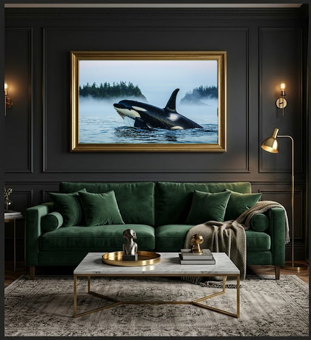 Orca Pod Canvas Wall Art | Puget Sound Fog Print, Pacific Northwest Decor, Stretched Canvas — orca-pod-puget-sound-office-wall-art.jpg