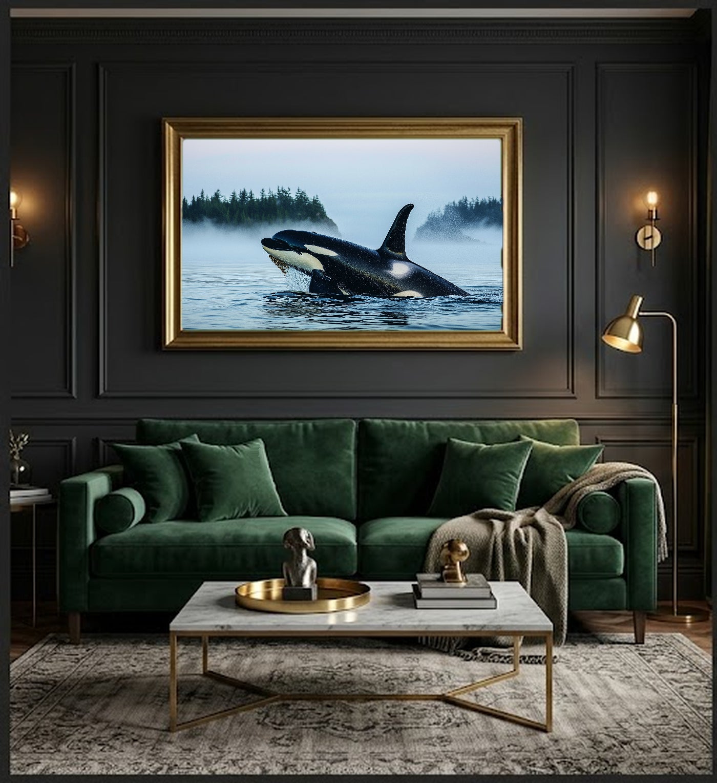Orca Pod Canvas Wall Art | Puget Sound Fog Print, Pacific Northwest Decor, Stretched Canvas — orca-pod-puget-sound-office-wall-art.jpg