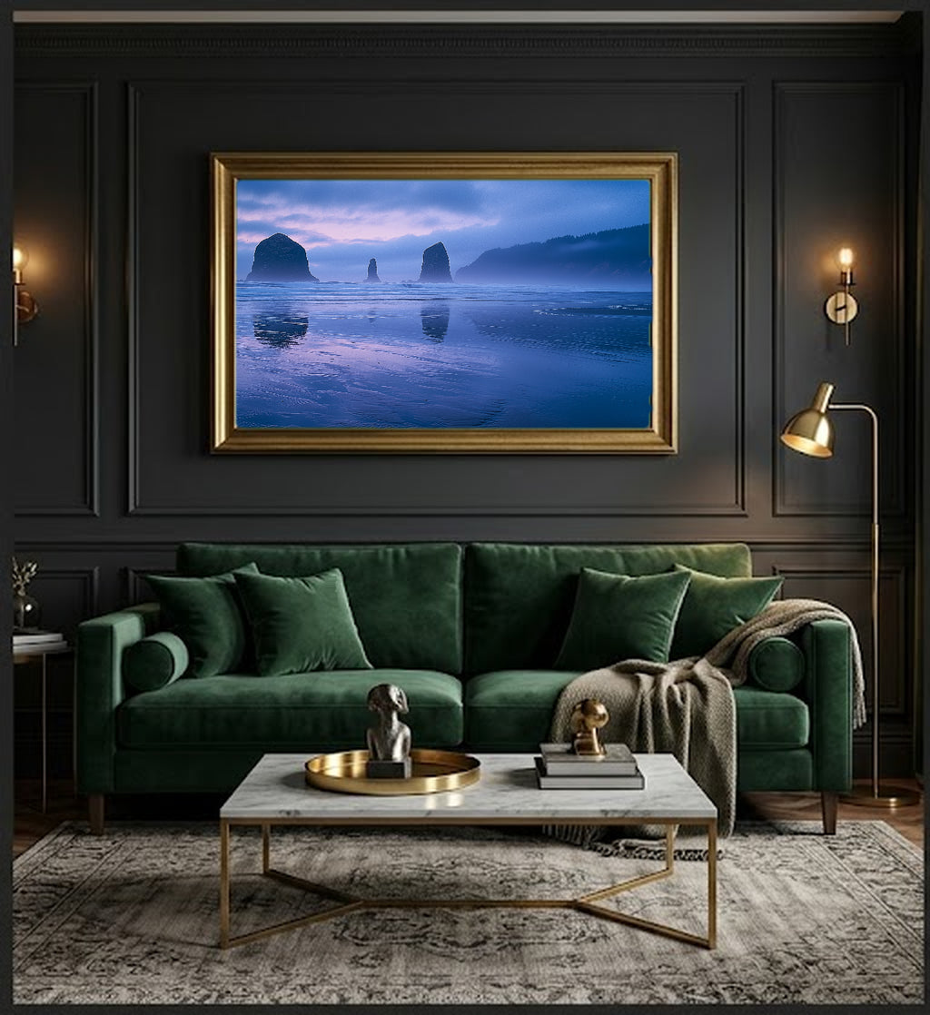 Oregon Coast Canvas Wall Art | Sea Stacks Dawn Print, Pacific Northwest Decor, Stretched Canvas — oregon-coast-sea-stacks-office-wall-art.jpg
