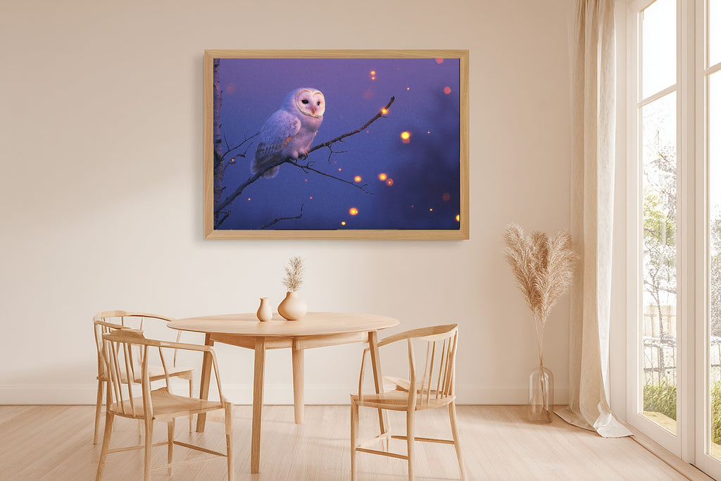 Owl Moonlit Birch Canvas Wall Art for the Bedroom, Dreamy Woodland Print, Foggy Pine Green, Thoughtful Housewarming Gift — owl-moonlit-birch-dining-room-wall-art.jpg