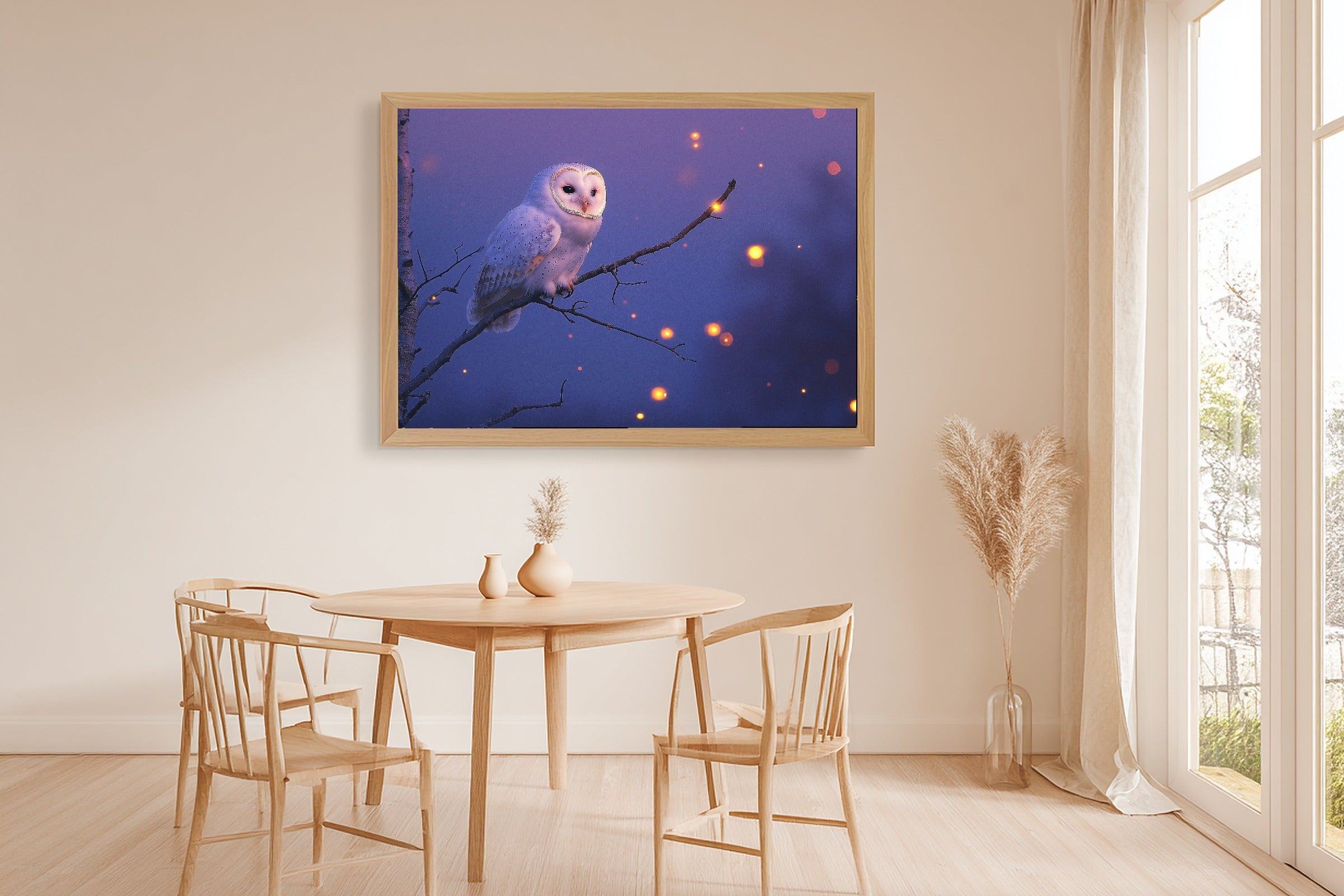 Owl Moonlit Birch Canvas Wall Art for the Bedroom, Dreamy Woodland Print, Foggy Pine Green, Thoughtful Housewarming Gift — owl-moonlit-birch-dining-room-wall-art.jpg