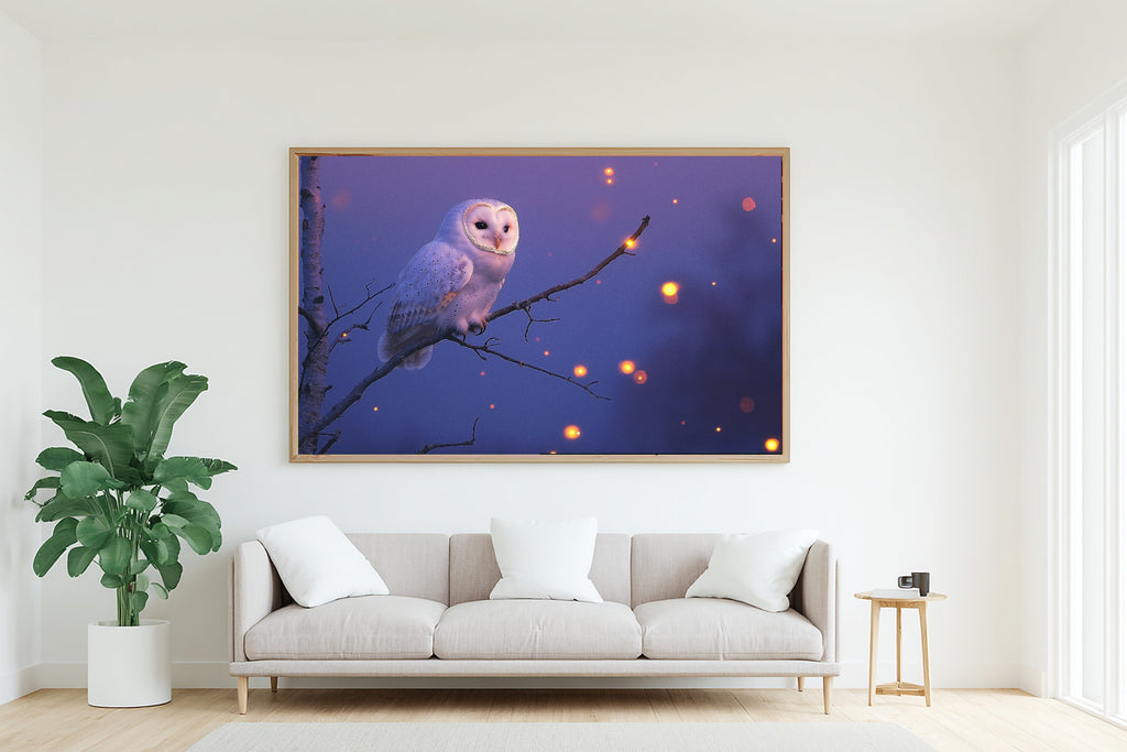 Owl Moonlit Birch Canvas Wall Art for the Bedroom, Dreamy Woodland Print, Foggy Pine Green, Thoughtful Housewarming Gift — owl-moonlit-birch-living-room-wall-art.jpg