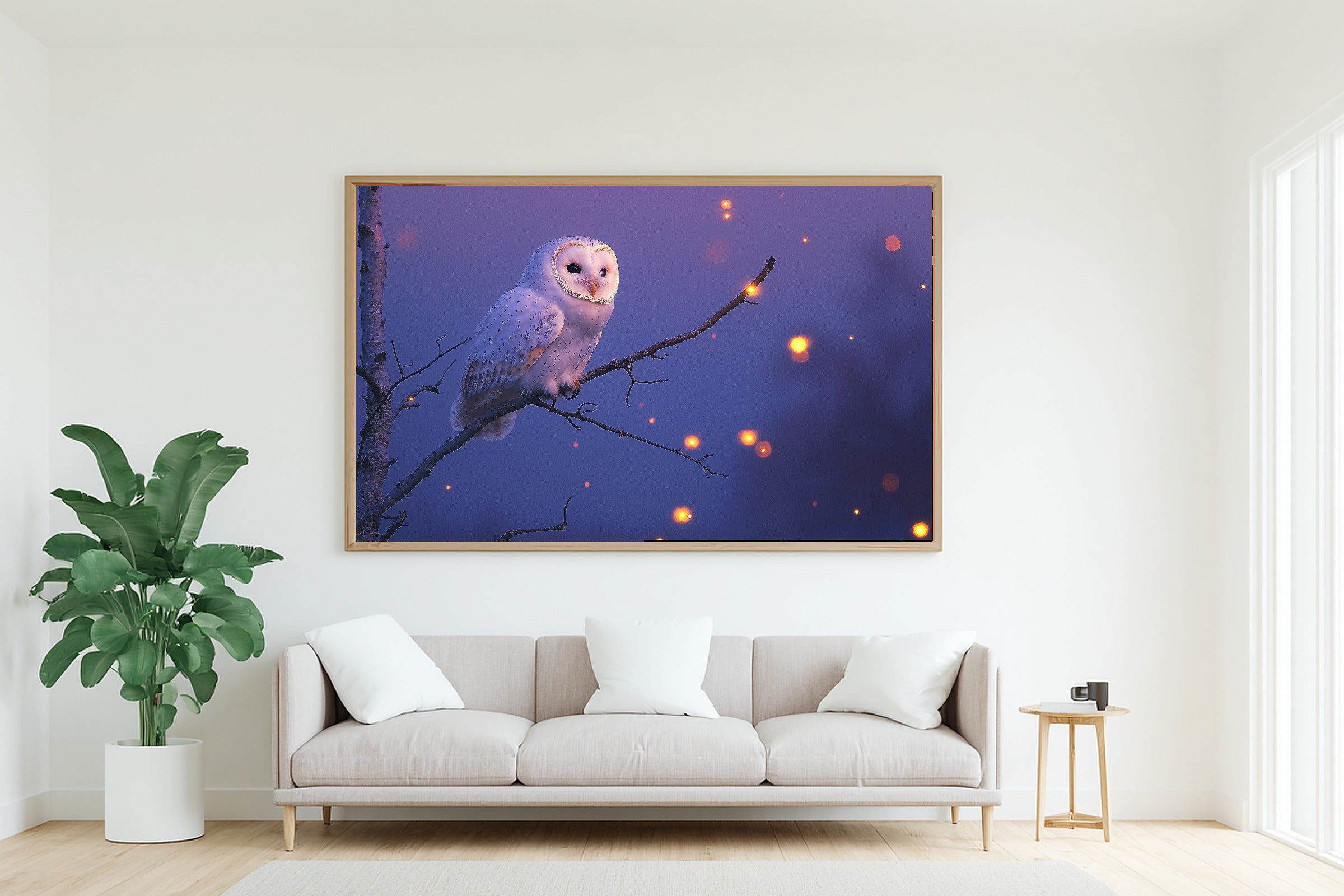 Owl Moonlit Birch Canvas Wall Art for the Bedroom, Dreamy Woodland Print, Foggy Pine Green, Thoughtful Housewarming Gift — owl-moonlit-birch-living-room-wall-art.jpg