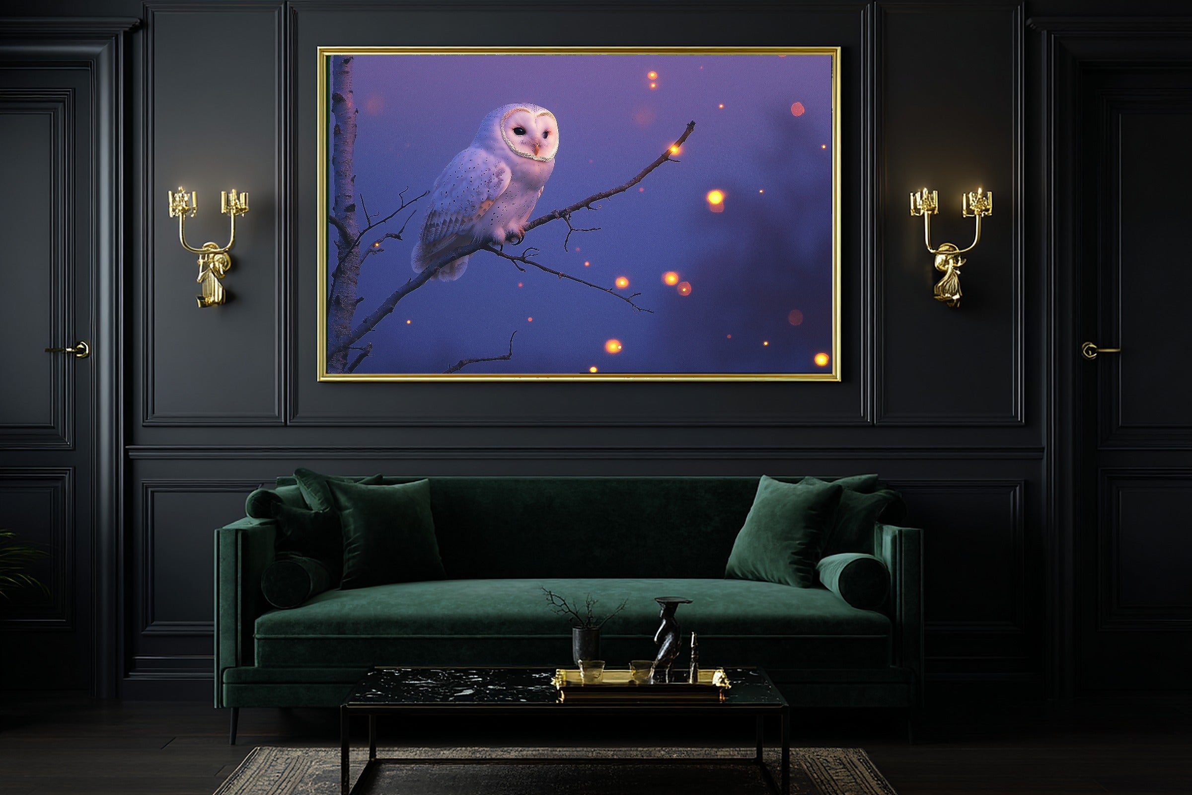 Owl Moonlit Birch Canvas Wall Art for the Bedroom, Dreamy Woodland Print, Foggy Pine Green, Thoughtful Housewarming Gift — owl-moonlit-birch-office-wall-art.jpg