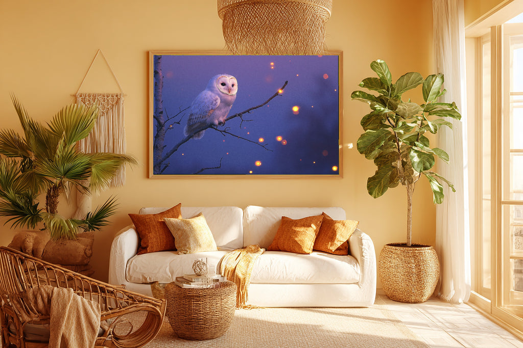 Owl Moonlit Birch Canvas Wall Art for the Bedroom, Dreamy Woodland Print, Foggy Pine Green, Thoughtful Housewarming Gift — owl-moonlit-birch-room-5-wall-art.jpg