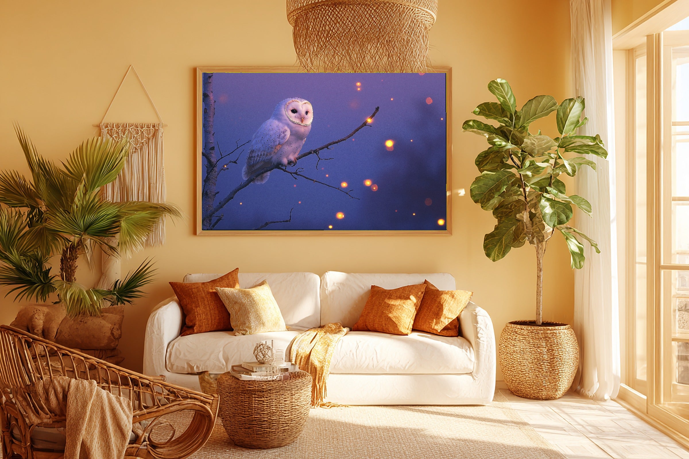 Owl Moonlit Birch Canvas Wall Art for the Bedroom, Dreamy Woodland Print, Foggy Pine Green, Thoughtful Housewarming Gift — owl-moonlit-birch-room-5-wall-art.jpg