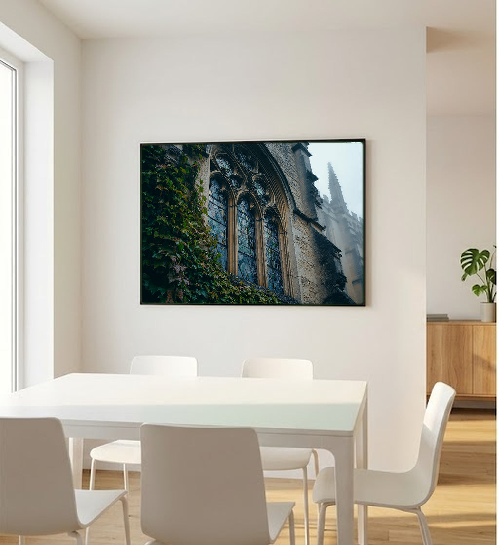 Oxford College Canvas Wall Art | Foggy Stone Window Print, Dark Academia Architecture Decor, Stretched Canvas — oxford-college-window-fog-bedroom-wall-art.jpg