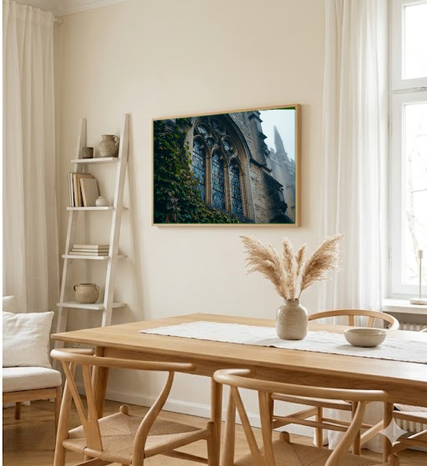 Oxford College Canvas Wall Art | Foggy Stone Window Print, Dark Academia Architecture Decor, Stretched Canvas — oxford-college-window-fog-dining-room-wall-art.jpg
