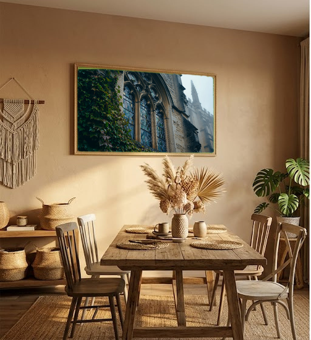 Oxford College Canvas Wall Art | Foggy Stone Window Print, Dark Academia Architecture Decor, Stretched Canvas — oxford-college-window-fog-hallway-wall-art.jpg