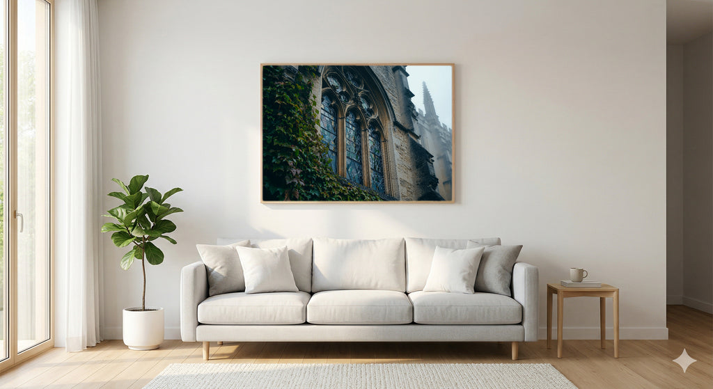 Oxford College Canvas Wall Art | Foggy Stone Window Print, Dark Academia Architecture Decor, Stretched Canvas — oxford-college-window-fog-living-room-wall-art.jpg