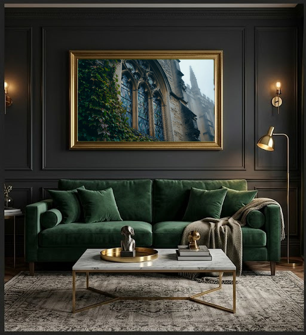 Oxford College Canvas Wall Art | Foggy Stone Window Print, Dark Academia Architecture Decor, Stretched Canvas — oxford-college-window-fog-office-wall-art.jpg