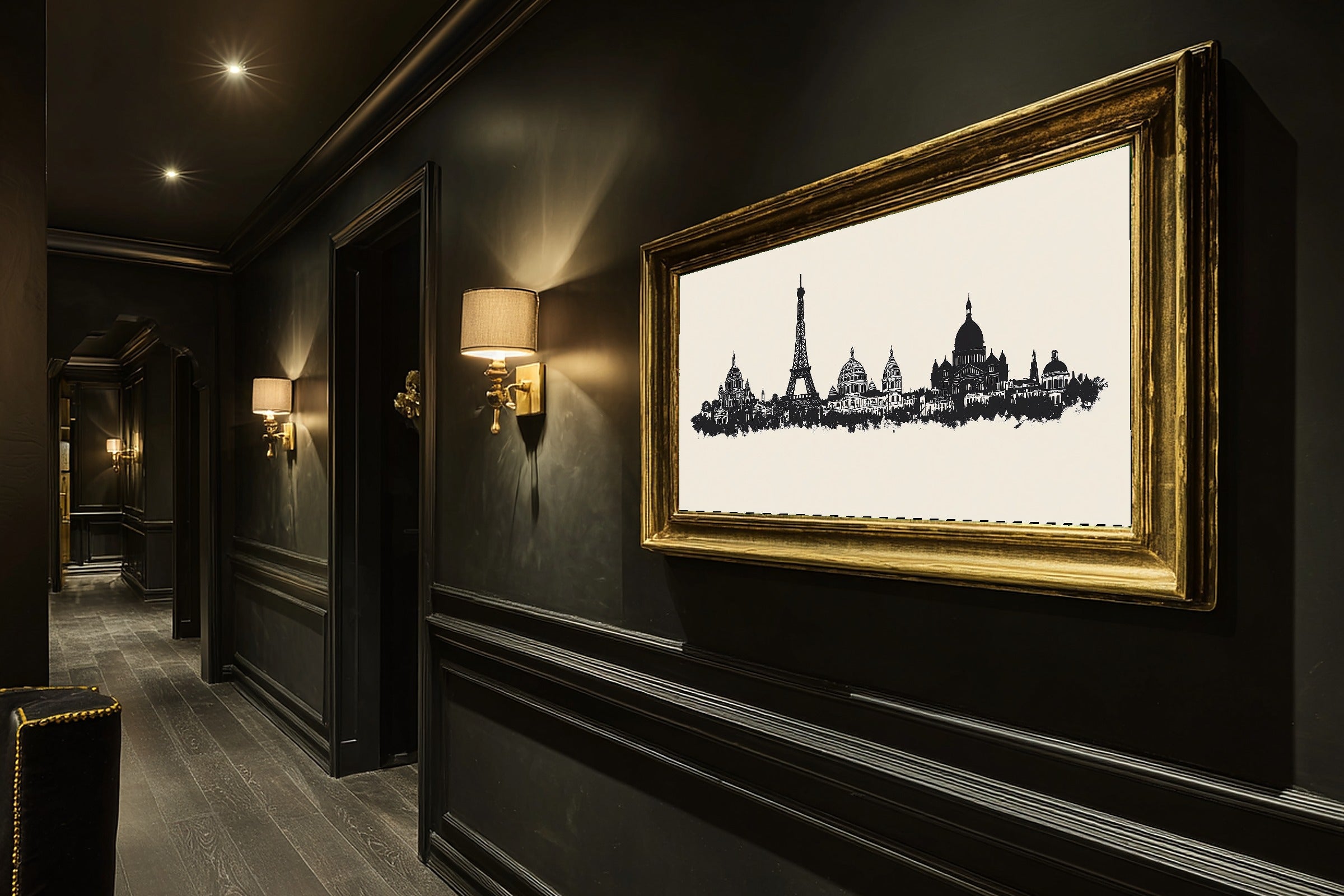 A Dreamy Paris Skyline Minimalist Dreamy Metro Print — Moody Wall Art for the Modern Loft, Giclée on Canvas — paris-skyline-minimalist-hallway-wall-art.jpg