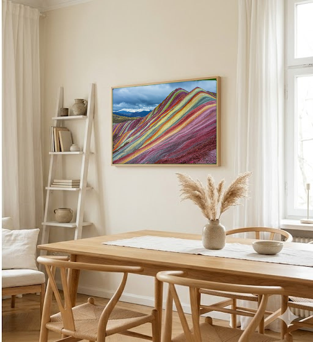Rainbow Mountain Canvas Wall Art | Peru Vinicunca Print, Andes Decor, South American Landscape, Stretched Canvas — peru-rainbow-mountain-dining-room-wall-art.jpg