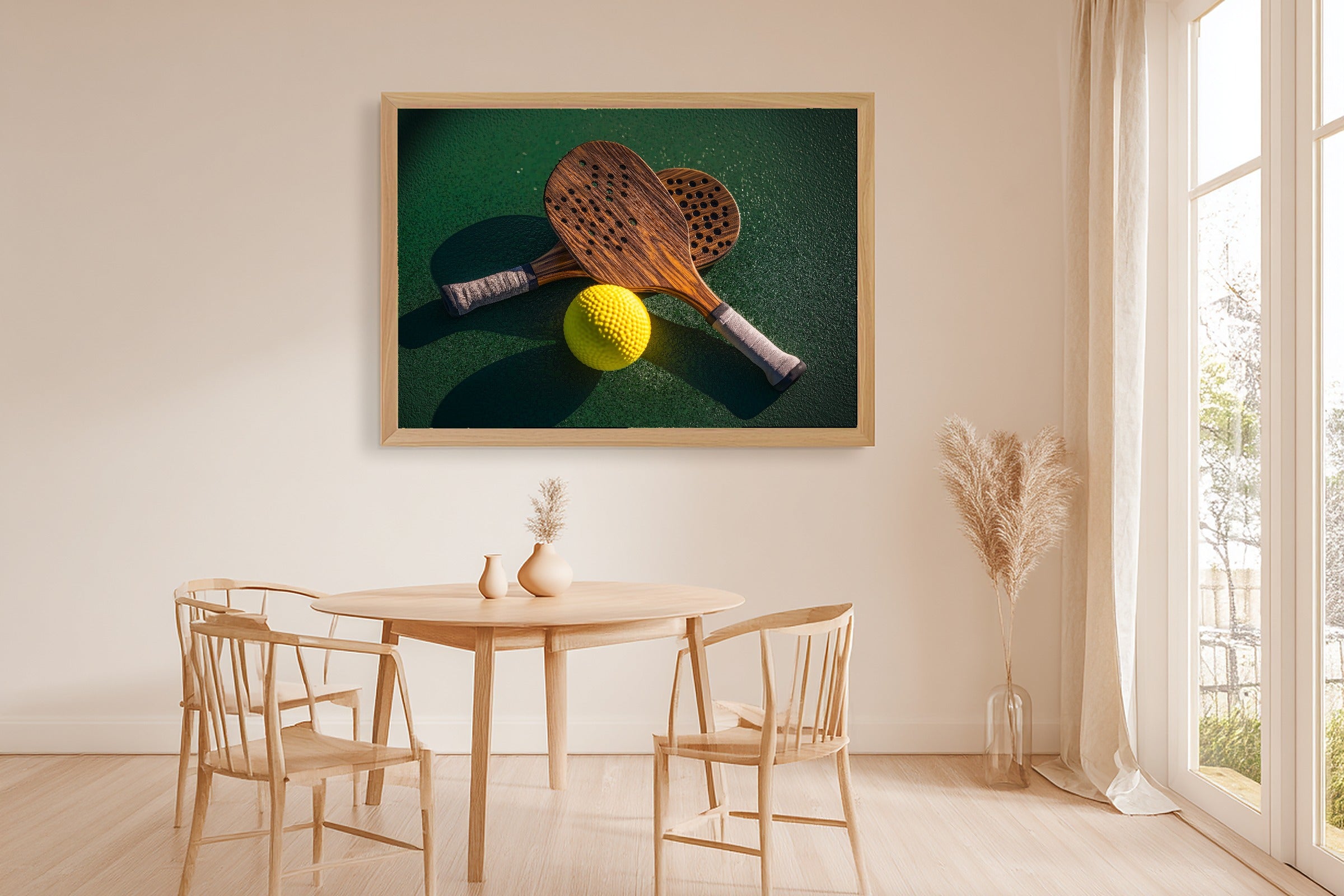 A Dreamy Pickleball Paddle Ball Still Life Warm Gallery Print — Dreamy Wall Art for the Living Room, Giclée on Canvas — pickleball-paddle-ball-still-life-dining-room-wall-art.jpg