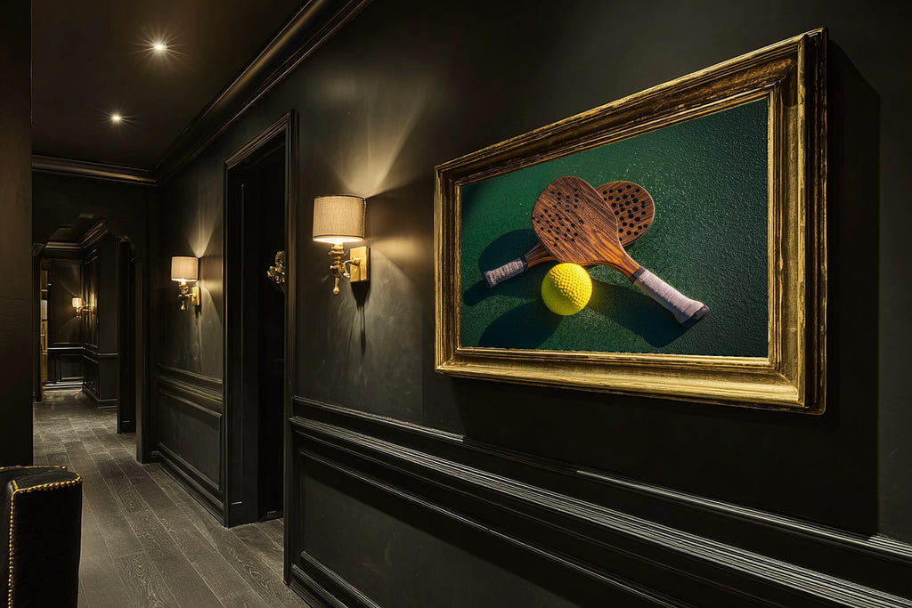 A Dreamy Pickleball Paddle Ball Still Life Warm Gallery Print — Dreamy Wall Art for the Living Room, Giclée on Canvas — pickleball-paddle-ball-still-life-hallway-wall-art.jpg
