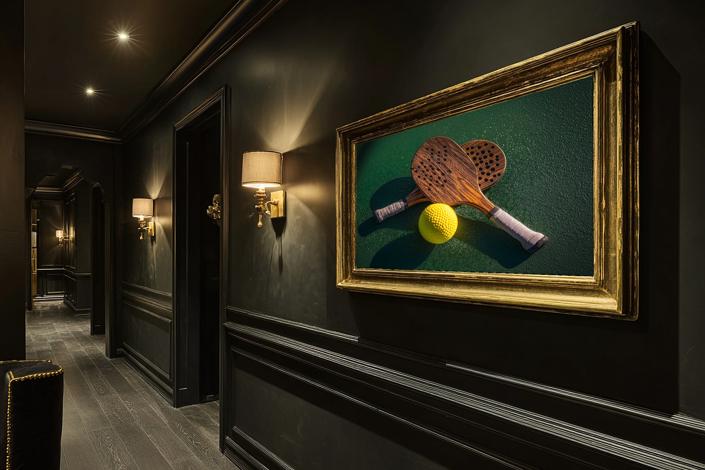 A Dreamy Pickleball Paddle Ball Still Life Warm Gallery Print — Dreamy Wall Art for the Living Room, Giclée on Canvas — pickleball-paddle-ball-still-life-hallway-wall-art.jpg