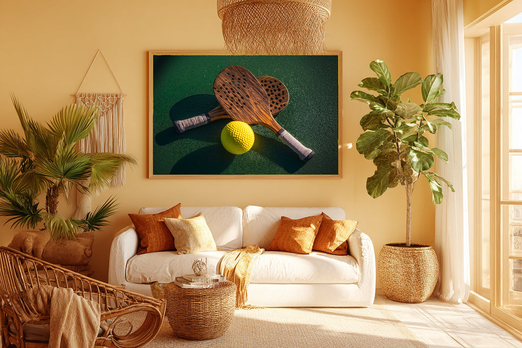 A Dreamy Pickleball Paddle Ball Still Life Warm Gallery Print — Dreamy Wall Art for the Living Room, Giclée on Canvas — pickleball-paddle-ball-still-life-room-5-wall-art.jpg