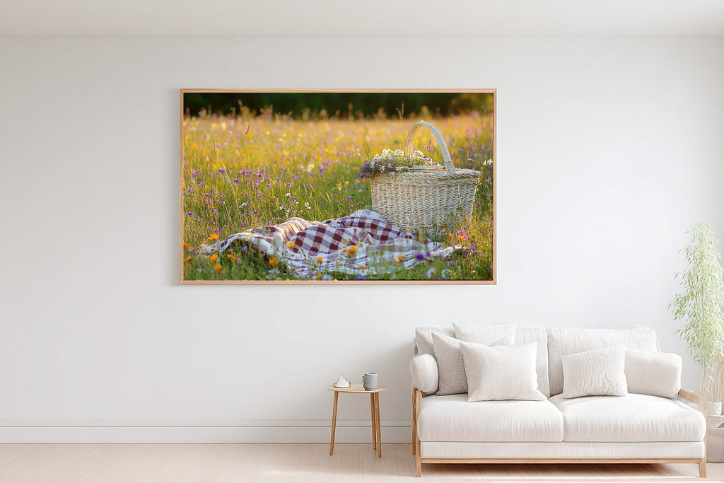 Picnic Basket Wildflower Blanket Canvas Wall Art for the Coastal Living Room, Neutral Minimalist Seascape, Soft Tidal Neutral — picnic-basket-wildflower-blanket-bedroom-wall-art.jpg