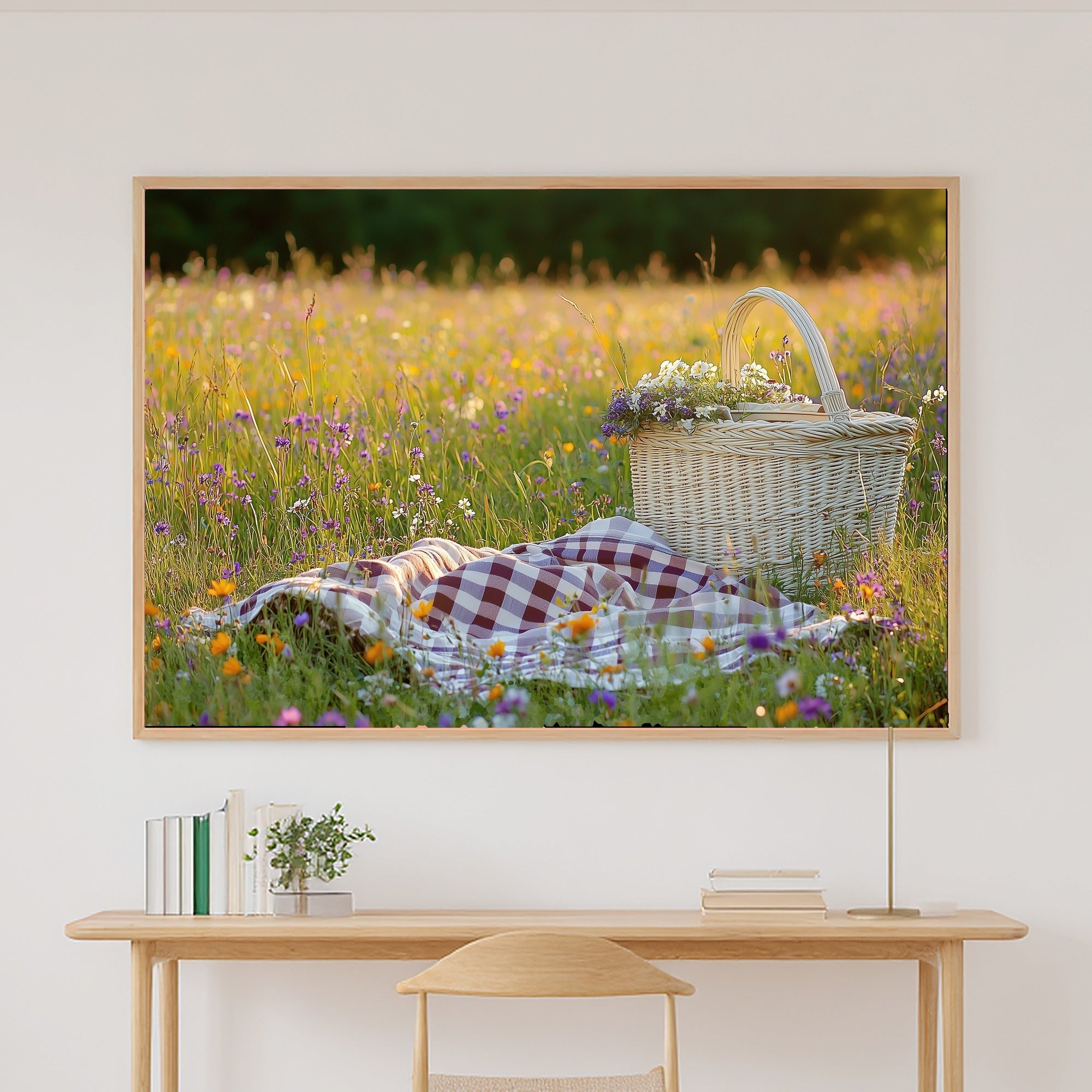 Picnic Basket Wildflower Blanket Canvas Wall Art for the Coastal Living Room, Neutral Minimalist Seascape, Soft Tidal Neutral — picnic-basket-wildflower-blanket-canvas-print.jpg